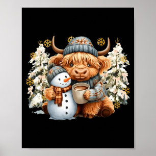 Cute Highland Cow With Snowman Hot Cocoa Christmas Poster