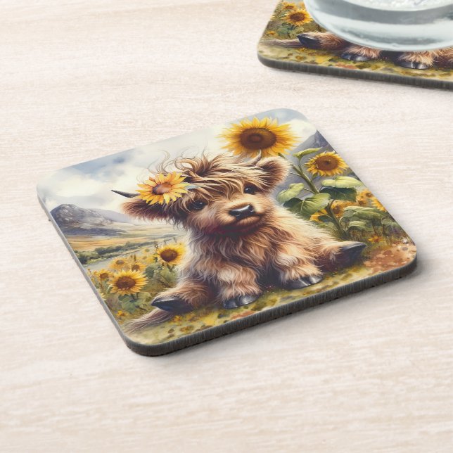 Cute Highland Cow With Sunflowers Coaster (Left Side)