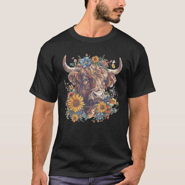 Cute Highland Cow With Sunflowers Funny Calf Anima T-Shirt (Front)