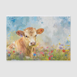 Cute Highland Cow with Wildflowers for Decoupage Tissue Paper
