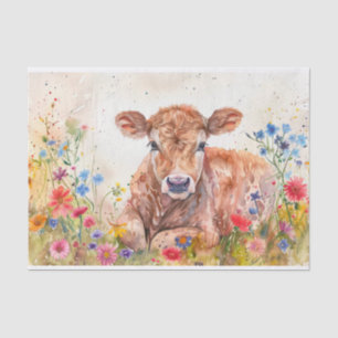 Cute Highland Cow with Wildflowers for Decoupage Tissue Paper