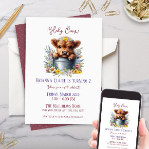 Cute Highland Cow with Wildflowers Kids Birthday Invitation