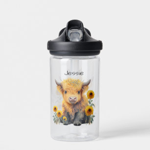 Cute Highland Cow Yellow Floral Sunflowers Name  Water Bottle