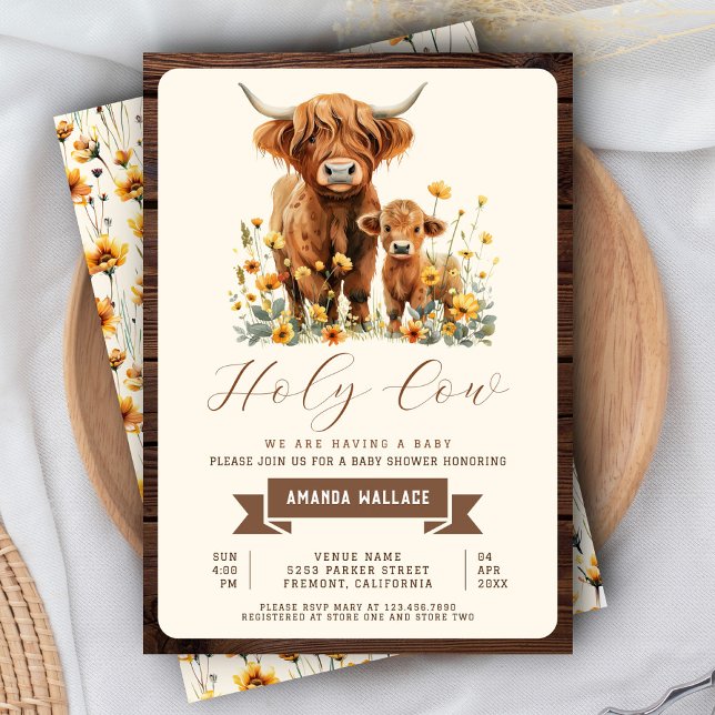 Cute Highland Cow Yellow Wildflowers Baby Shower Invitation (Creator Uploaded)