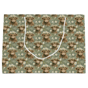 Cute Highland Cows and Flowers Large Gift Bag