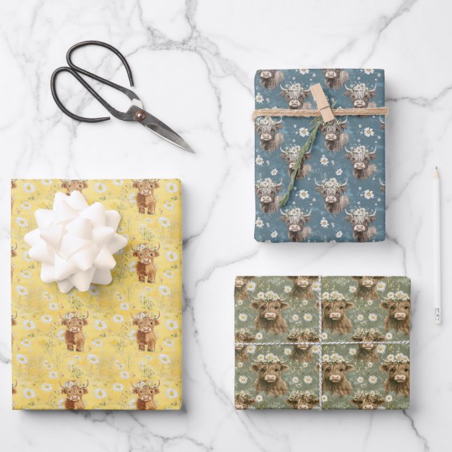 Cute Highland Cows and Flowers Wrapping Paper Sheet (Front)