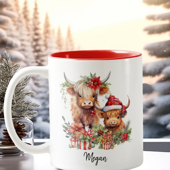 Cute Highland Cows Calf Christmas Santa Hat Two-Tone Coffee Mug (Creator Uploaded)