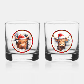 Cute Highland Cows Christmas Hats Editable Text Whiskey Glass