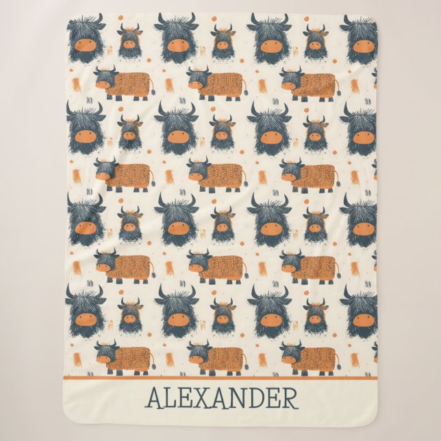 Cute Highland Cows Orange Grey Pattern Sherpa Blanket (Front)