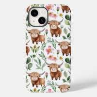 Cute Highland Cows & Pink Flowers Pattern Floral