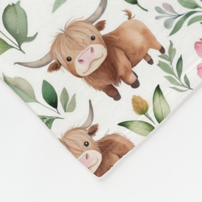 Cute Highland Cows & Pink Flowers Pattern Floral Fleece Blanket (Corner)