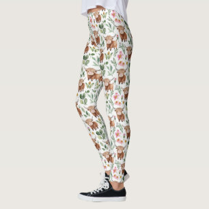 Cute Highland Cows & Pink Flowers Pattern Floral Leggings