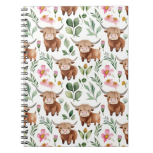 Cute Highland Cows & Pink Flowers Pattern Floral Notebook