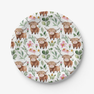 Cute Highland Cows & Pink Flowers Pattern Floral Paper Plate