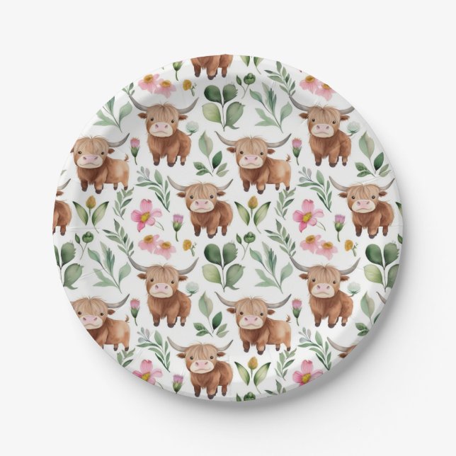 Cute Highland Cows & Pink Flowers Pattern Floral Paper Plate (Front)