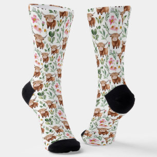Cute Highland Cows & Pink Flowers Pattern Floral Socks