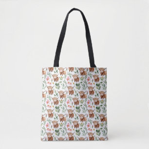 Cute Highland Cows & Pink Flowers Pattern Floral Tote Bag