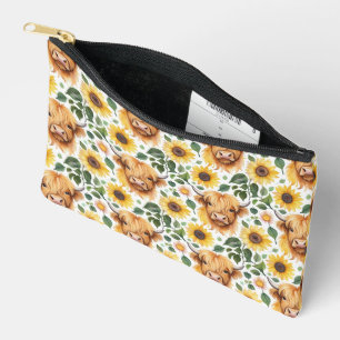 Cute Highland Cows & Yellow Sunflower Flowers Accessory Pouch