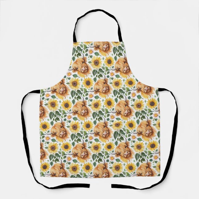 Cute Highland Cows & Yellow Sunflower Flowers Apron (Front)
