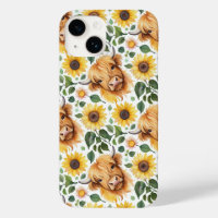 Cute Highland Cows & Yellow Sunflower Flowers