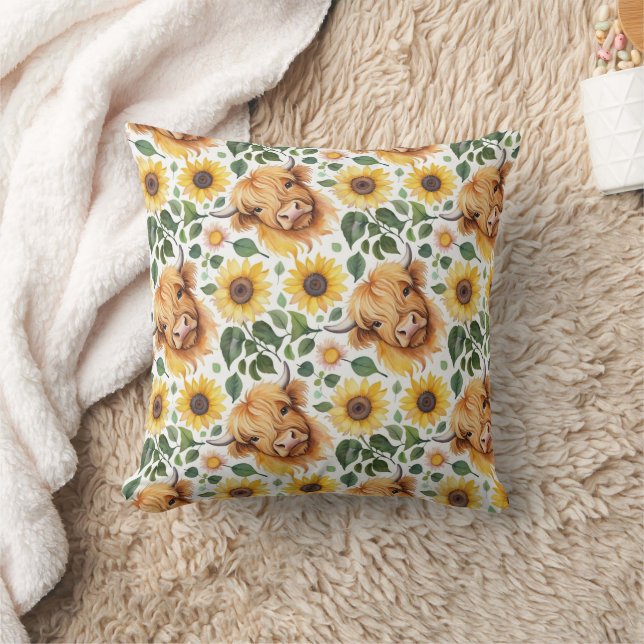 Cute Highland Cows & Yellow Sunflower Flowers Cushion (Blanket)