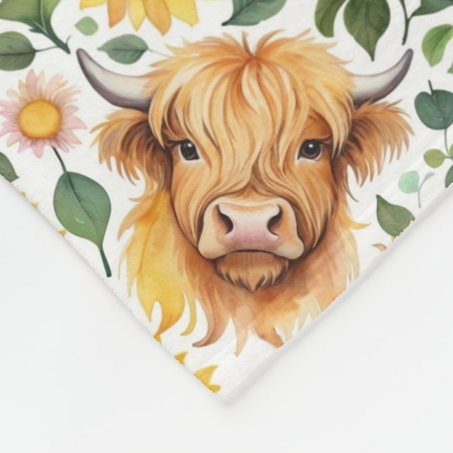 Cute Highland Cows & Yellow Sunflower Flowers Fleece Blanket (Corner)