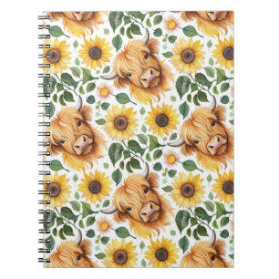 Cute Highland Cows & Yellow Sunflower Flowers Notebook