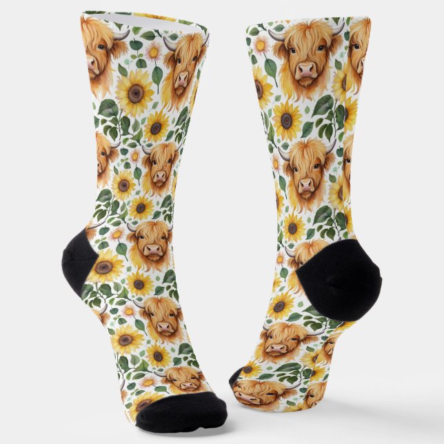 Cute Highland Cows & Yellow Sunflower Flowers Socks (Angled)