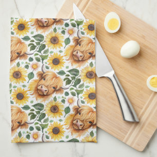 Cute Highland Cows & Yellow Sunflower Flowers Tea Towel