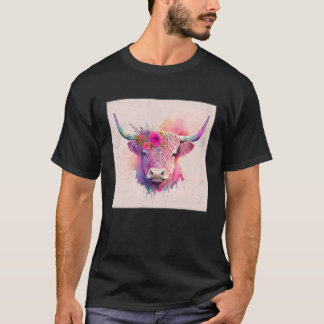 Cute Highland Hairy Cow Paint Splatter Floral Colo T-Shirt