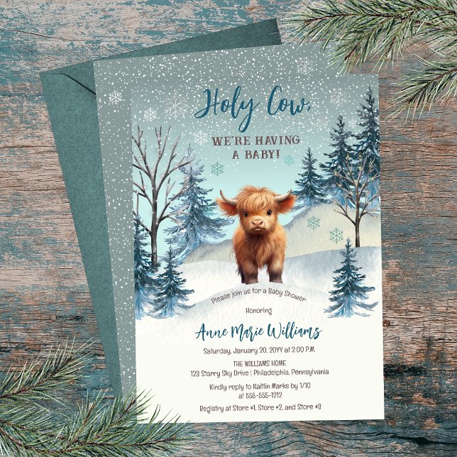 Cute Highland Holy Cow Winter Baby Shower Invitation (Cute Highland Calf "Holy Cow, We're Having a Baby!" Winter Baby Shower Invitation)