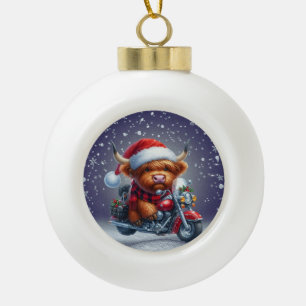 Cute Highland motor Christmas Cow  Ceramic Ball Christmas Ornament
