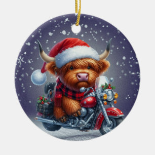 Cute Highland motor Christmas Cow Ceramic Ornament
