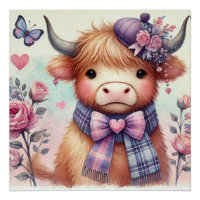 Cute Highlands cow vintage watercolor floral