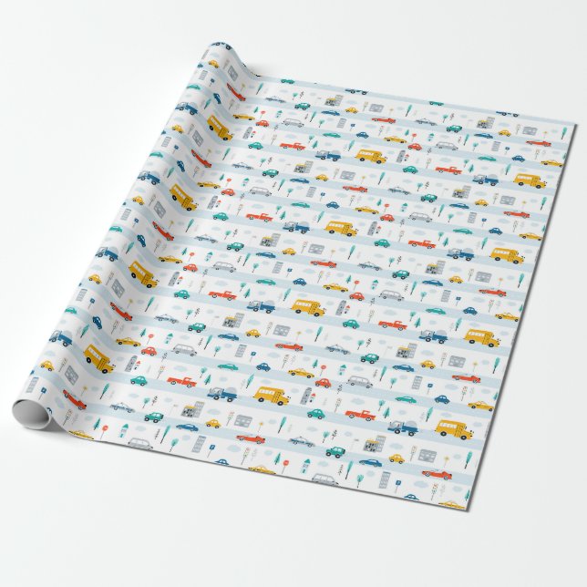 Cute Highway Vehicle Pattern Wrapping Paper (Unrolled)