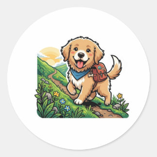 Cute Hiking Golden Retriever Puppy Adventure Classic Round Sticker