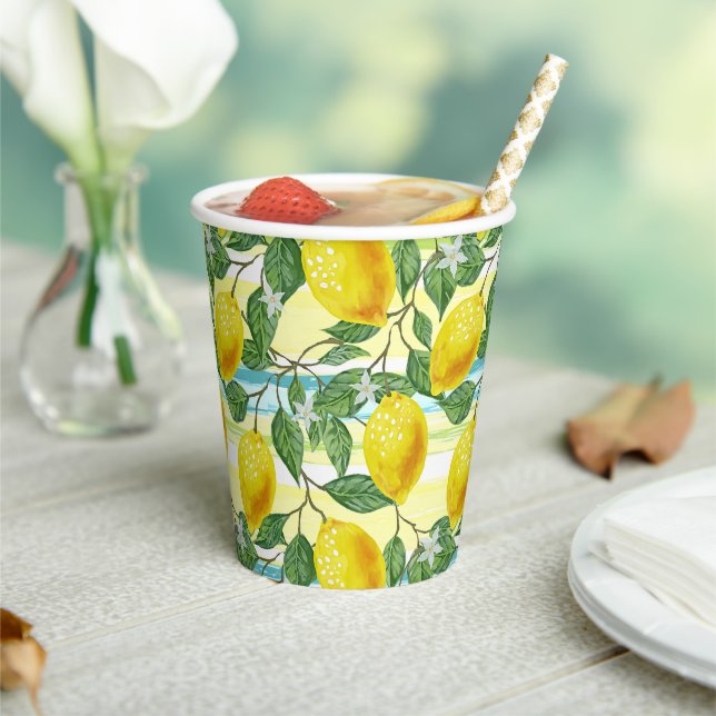 Cute Hip Tropical Summer Lemon Fruit Art Pattern Paper Cups (Insitu)