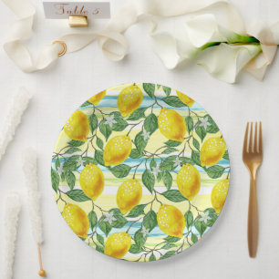 Cute Hip Tropical Summer Lemon Fruit Art Pattern Paper Plate