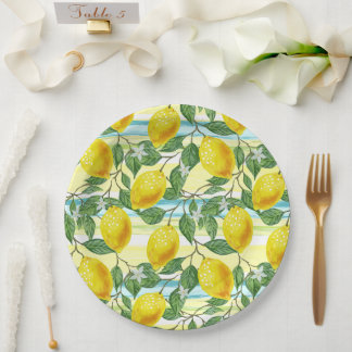 Cute Hip Tropical Summer Lemon Fruit Art Pattern Paper Plate