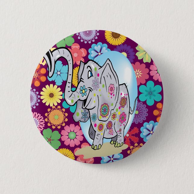 Cute Hippie Elephant with Colourful Flowers 6 Cm Round Badge (Front)