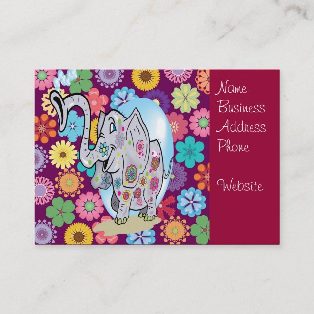 Cute Hippie Elephant with Colourful Flowers Business Card (Front)