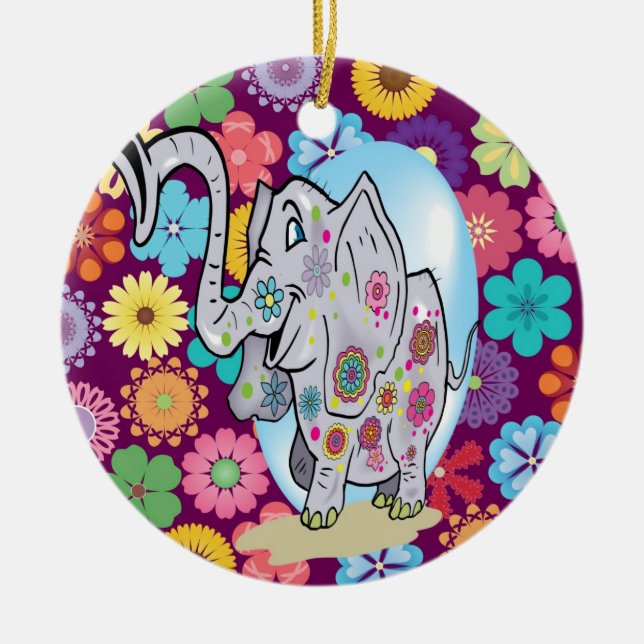 Cute Hippie Elephant with Colourful Flowers Ceramic Ornament (Front)