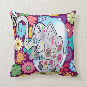 Cute Hippie Elephant with Colourful Flowers Cushion