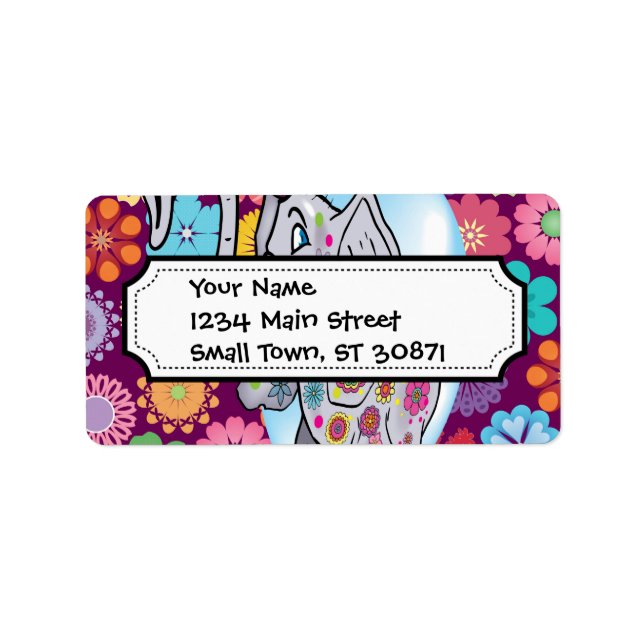 Cute Hippie Elephant with Colourful Flowers Label (Front)