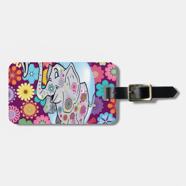 Cute Hippie Elephant with Colourful Flowers Luggage Tag (Front Horizontal)