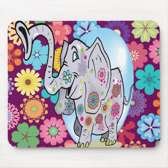 Cute Hippie Elephant with Colourful Flowers Mouse Pad (Front)