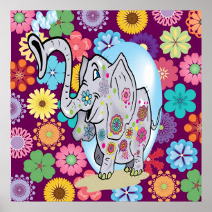 Cute Hippie Elephant with Colourful Flowers Poster