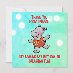 Cute Hippo 3rd Birthday Pool Party Thank You Card