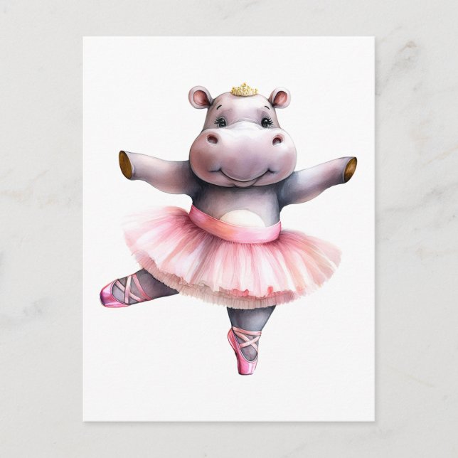 Cute hippo ballerina dancing ballet holiday postcard (Front)