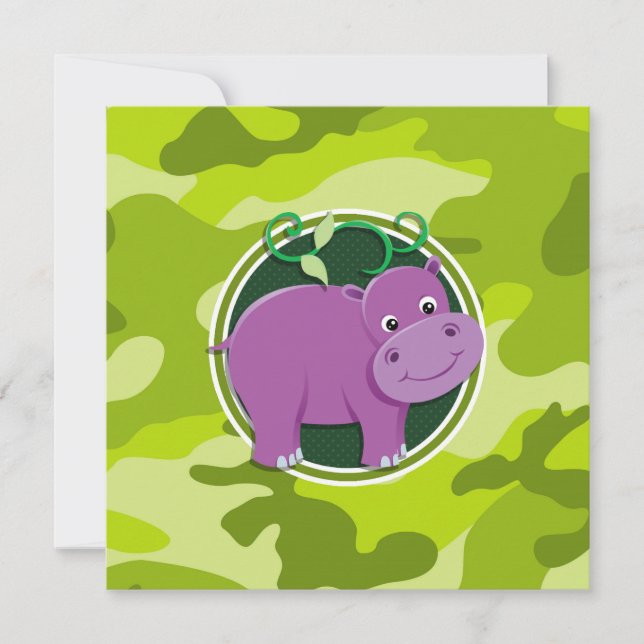 Cute Hippo; bright green camo, camouflage Invitation (Front)